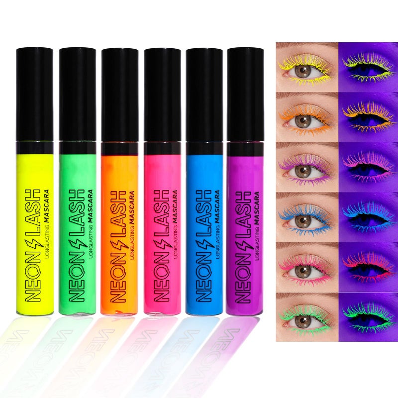 Mrettick 6 Colors Matte Liquid Mascara Set Colorful UV Neon Mascara Pencil Pigmented Waterproof Smudgeproof Long Lasting Eye Liner Xmas Christmas Festival Makeup Gift Kit for Women