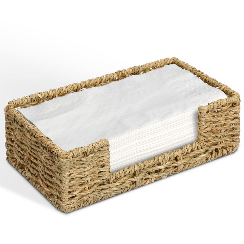 Graciadeco Bathroom Disposable Guest Towel Napkin Holder Long Seagrass Woven Rattan Wicker Table Dinner Paper Hand Guest Towel Napkin Basket Tray Caddy for Kitchen - Image 1
