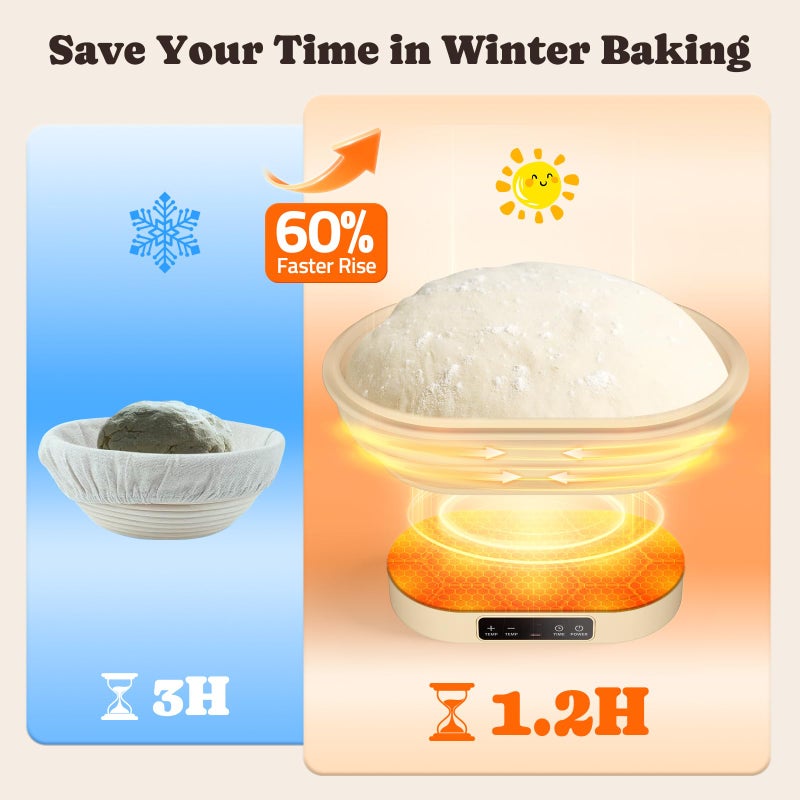 Pawtners Heating Sourdough Bread Proofing Basket, 2L Electric Thermostatic Silicone Oval Banneton Proofing Bowl with 6 Timer & Temp Settings for Dough Rising, Dishwasher Safe, Foldable Sourdough Starter Bowl - Image 3