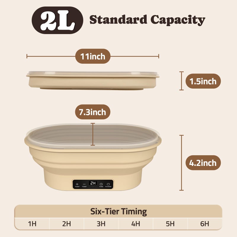 Pawtners Heating Sourdough Bread Proofing Basket, 2L Electric Thermostatic Silicone Oval Banneton Proofing Bowl with 6 Timer & Temp Settings for Dough Rising, Dishwasher Safe, Foldable Sourdough Starter Bowl - Image 2