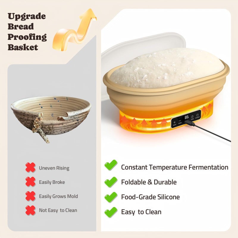 Pawtners Heating Sourdough Bread Proofing Basket, 2L Electric Thermostatic Silicone Oval Banneton Proofing Bowl with 6 Timer & Temp Settings for Dough Rising, Dishwasher Safe, Foldable Sourdough Starter Bowl - Image 4