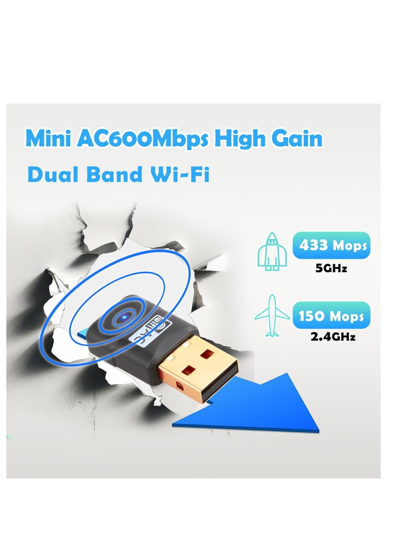 SYOSI محول واي فاي، محول واي فاي USB بسرعة 600 ميجابت في الثانية، محول واي فاي USB صغير للشبكة اللاسلكية، محول واي فاي USB ثنائي النطاق 5 جيجاهرتز 2.4 جيجاهرتز للكمبيوتر الشخصي، محول واي فاي USB عالي الكسب لنظام التشغيل Windows 7 و8 و10 و11 وXP  - Image 2