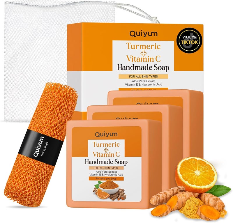 QUIYUM Turmeric Vitamin C Soap Bar 3x100g with Exfoliating African Net Sponge Aloe Vera Vitamin E Collagen Hyaluronic Acid Natural Face Body Cleanser for Radiant Even Skin Tone Travel Gift