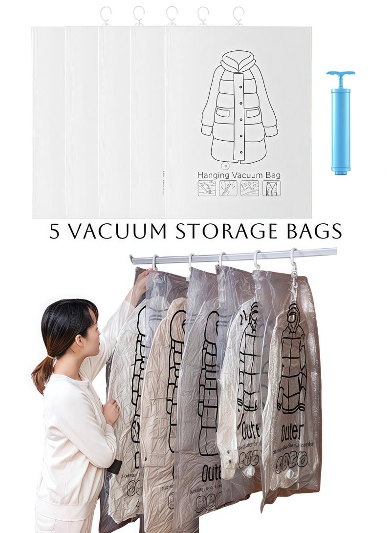 Hanging vacuum storage bags, space saving, long 70x120 cm, vacuum sealed storage bags for suits, dresses, coats or jackets, wardrobe storage and organization 5 70*90 cm clothing storage bags + free  - Image 1
