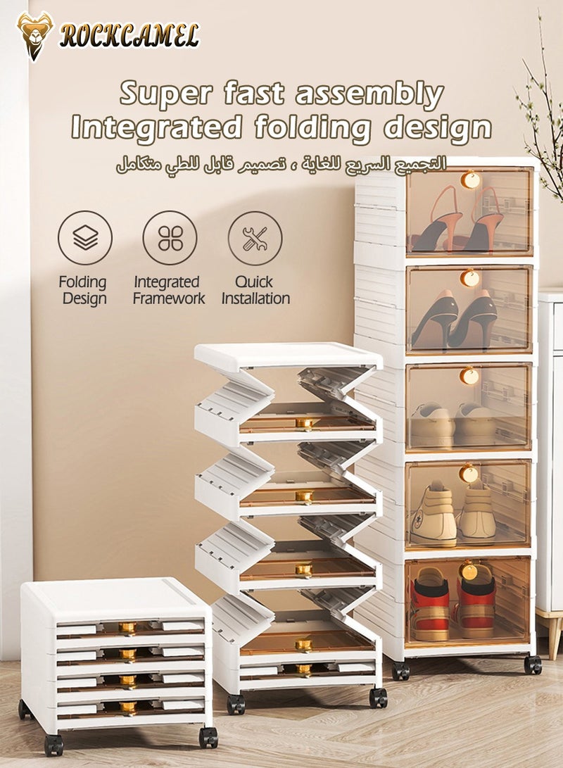 ROCKCAMEL Folding Shoe Storage Box, 6 Layer Clear Plastic Shoe Box, Shoe Storage Cabinet with Magnetic Doors, Shoe Organizer, Multi-Functional Shoe Container, Toy/ Snack Storage Box (White, 28x34x102cm) - Image 2
