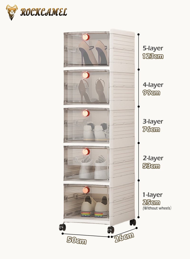 ROCKCAMEL Folding Shoe Storage Box, 6 Layer Clear Plastic Shoe Box, Shoe Storage Cabinet with Magnetic Doors, Shoe Organizer, Multi-Functional Shoe Container, Toy/ Snack Storage Box (White, 28x34x102cm) - Image 5
