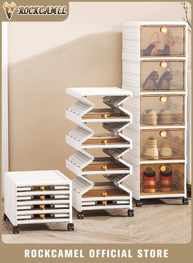 ROCKCAMEL Folding Shoe Storage Box, 6 Layer Clear Plastic Shoe Box, Shoe Storage Cabinet with Magnetic Doors, Shoe Organizer, Multi-Functional Shoe Container, Toy/ Snack Storage Box (White, 28x34x102cm) - Image 1