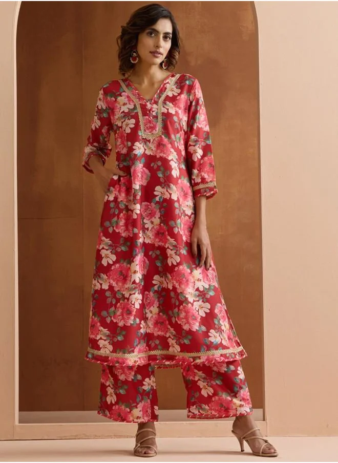 آي شين Red Women Red Polyester Kurta Set with Embroidered pattern Tunic and Palazzo features a Round neckline and Three-Fourth Sleeve secured with Elastic closure and styled in Straight Fit ideal for Festive moments — a must-have for your statement wardrobe.