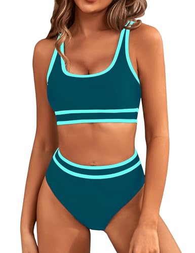 BMJL Women's High Waisted Bikini Sets Sporty Two Piece Swimsuits Color Block Cheeky High Cut Bathing Suits(XL,Dark Green Blue) - Image 1