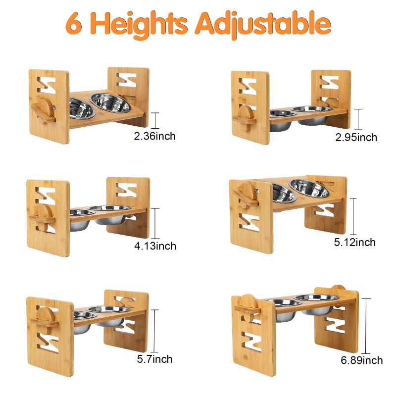 SSAWcasa Elevated Dog Bowls, Adjustable Raised Tilted French Bulldog Food Water Bowl, Slanted Bamboo Pet Feeding Station with Stainless Steel Bowl for Small & Medium Dogs, Cat Kitten Flat Faced Puppy Feeder - Image 3