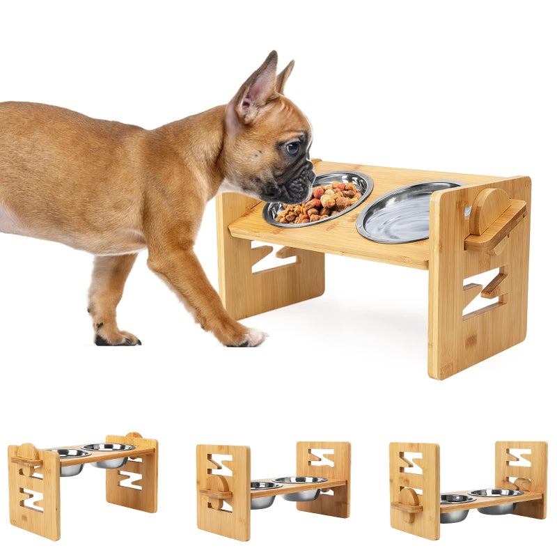 SSAWcasa Elevated Dog Bowls, Adjustable Raised Tilted French Bulldog Food Water Bowl, Slanted Bamboo Pet Feeding Station with Stainless Steel Bowl for Small & Medium Dogs, Cat Kitten Flat Faced Puppy Feeder - Image 1
