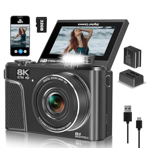 AiTechny 8K Digital Camera, 88MP Vlogging Camera for YouTube/Photography with 3" 180° Flip Screen, Fill Light, WiFi, Filters, Beauty Features Includes 32GB SD Card & 2 Batteries - Image 1