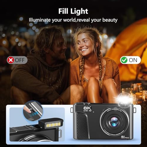AiTechny 8K Digital Camera, 88MP Vlogging Camera for YouTube/Photography with 3" 180° Flip Screen, Fill Light, WiFi, Filters, Beauty Features Includes 32GB SD Card & 2 Batteries - Image 3