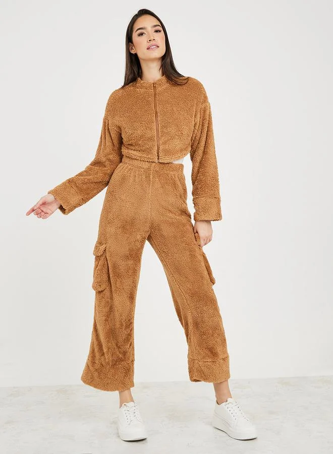 ستايلي Fleece Zip Through Jacket & Wide Leg Pocket Trouser Lounge Set