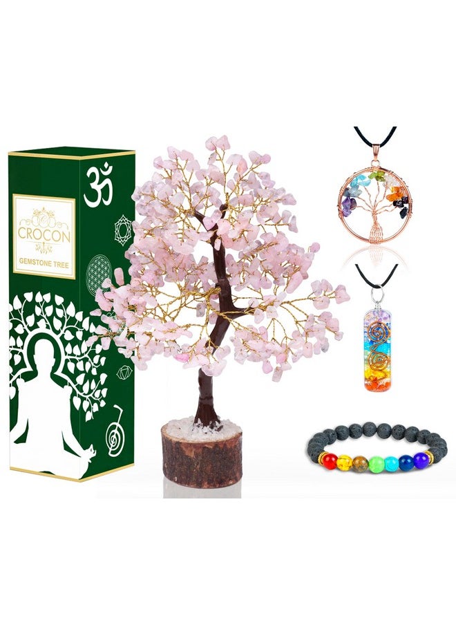 Crocon Rose Quartz Crystal Tree Of Life Handmade Gemstone Tree Chakra Tree Of Life Feng Shui Tree Decor Crystal Gifts Money Tree Bonsai Healing Crystal Tree Decor Spiritual Gifts Stone Tree  - Image 1