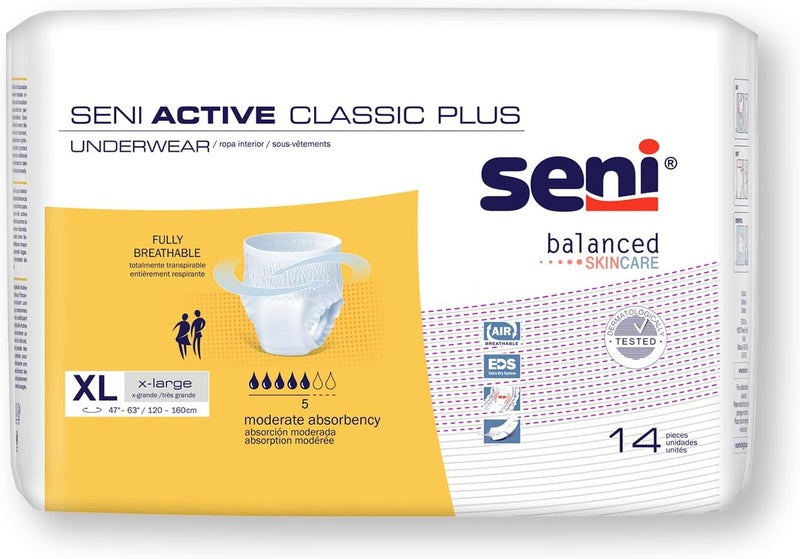 SENI Active Classic Plus Unisex Adult Incontinence Underwear Size XLarge 4763 14 Count 1 Pack of 14 Moderate Absorbency Disposable Underwear with Tear Away Seams for Men Women - Image 1