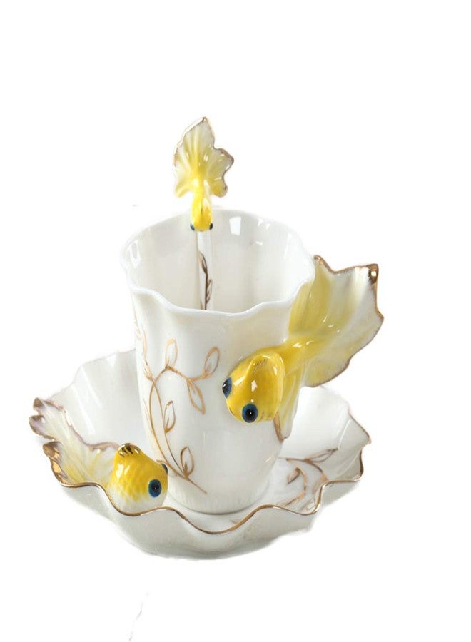 ZaH 3D Goldfish Coffee Mugs Animal Rainbow Ceramic Mug Milk Teacup Afternoon Tea Cup and Saucer Set with Spoon (Yellow) - Image 1