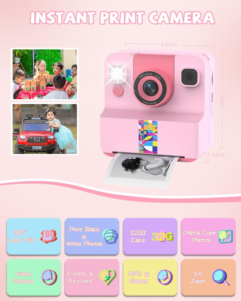 Sylvanthos Kids Camera Instant Print, Digital Camera for Kids, 180Â° Rotating Selfie Lens with 32GB SD Card & 2 Rolls Printing Paper Kids Toy Birthday Gifts for Boys Girls Ages 3-12, Pink - Image 2