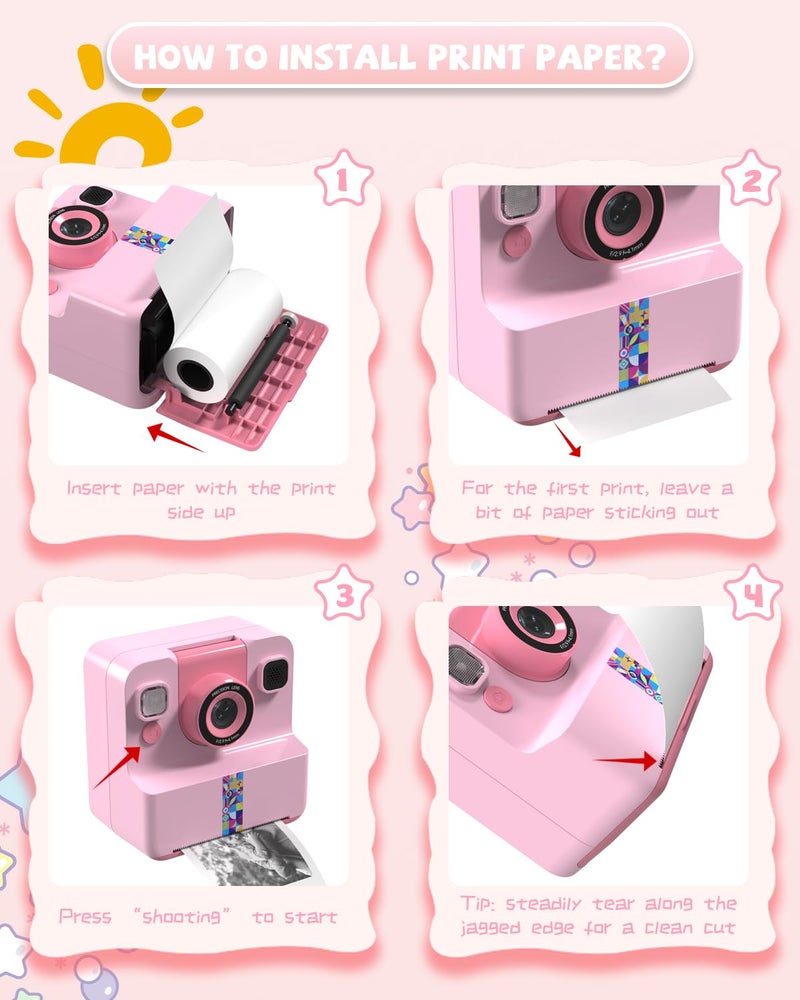 Sylvanthos Kids Camera Instant Print, Digital Camera for Kids, 180Â° Rotating Selfie Lens with 32GB SD Card & 2 Rolls Printing Paper Kids Toy Birthday Gifts for Boys Girls Ages 3-12, Pink - Image 3