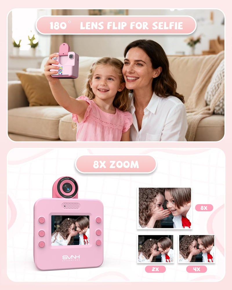 Sylvanthos Kids Camera Instant Print, Digital Camera for Kids, 180Â° Rotating Selfie Lens with 32GB SD Card & 2 Rolls Printing Paper Kids Toy Birthday Gifts for Boys Girls Ages 3-12, Pink - Image 4