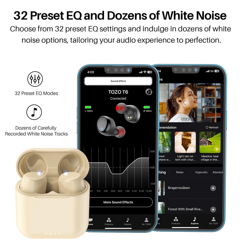 TOZO T6 Wireless Earbuds, Bluetooth 5.3 Ear Buds, Stereo Sound in Ear Headphones, 50 Hours Playtime, Wireless Charging Case, APP Customizable EQs, IPX8 Waterproof Earphones - Image 3
