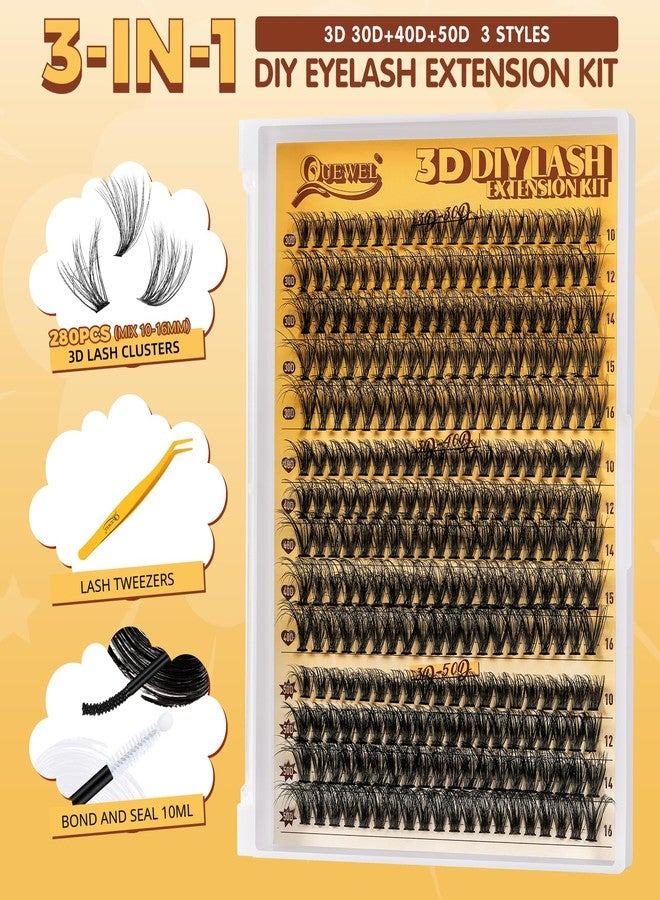 QUEWEL طقم تمديد الرموش QUEWEL DIY، طقم مجموعات الرموش 3D مع 280 قطعة من مجموعات الرموش 30+40+50D مختلطة من 10-16 مم، لاصق الرموش وختم، ملاقط الرموش DIY في المنزل (طقم 3D 30+40+50) - Image 3