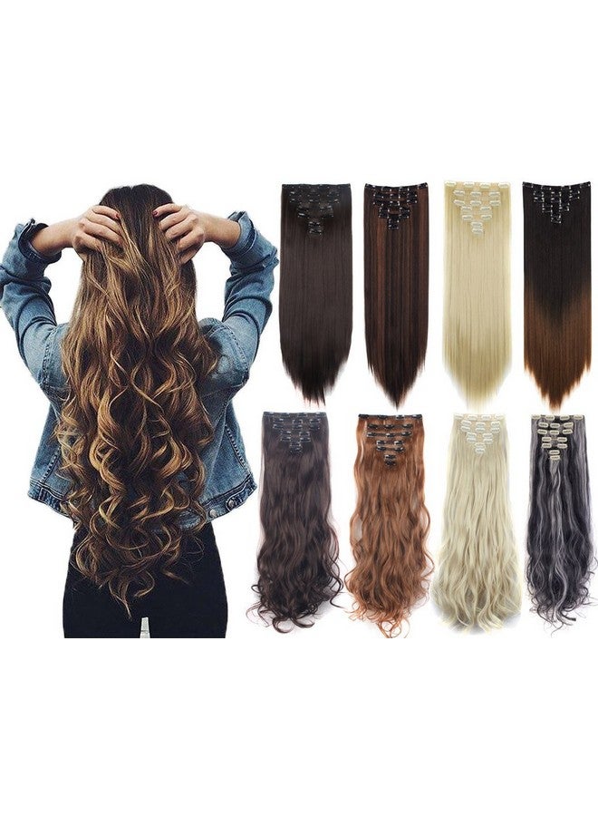 Lelinta 7Pcs 23" Thick Straight Full Head Clip In On Double Weft Hair Extensions Dark Brown Mix Light Auburn - Image 2