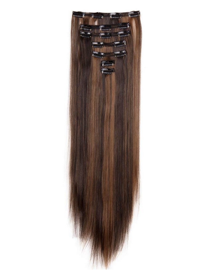 Lelinta 7Pcs 23" Thick Straight Full Head Clip In On Double Weft Hair Extensions Dark Brown Mix Light Auburn - Image 4