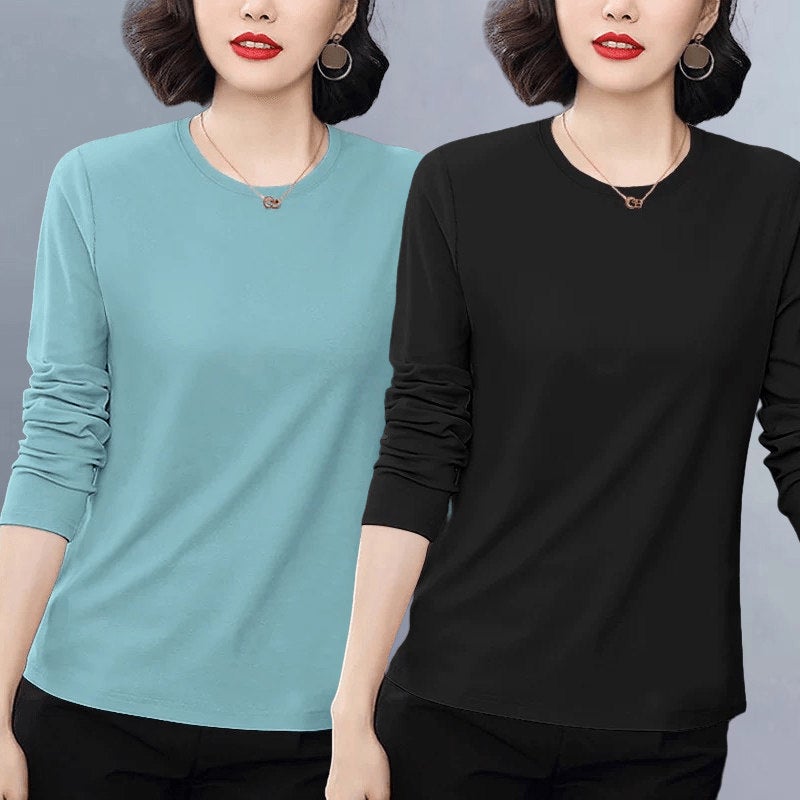 Pure cotton casual popular long-sleeved t-shirt for women's autumn 2025 new loose plus-size versatile age-reducing top with front shoulder - Image 3