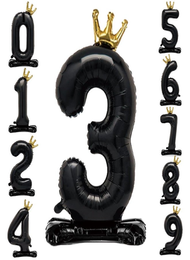 Eoopoon 42 Inch Crown Black Number Balloon 0-9, Number 3 Balloon with Base for Boys Girls 3rd Birthday Party Decoration, Anniversary Decor Theme Party Supplies (Black 3) - Image 1