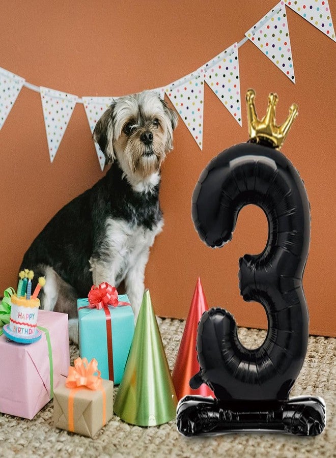 Eoopoon 42 Inch Crown Black Number Balloon 0-9, Number 3 Balloon with Base for Boys Girls 3rd Birthday Party Decoration, Anniversary Decor Theme Party Supplies (Black 3) - Image 2