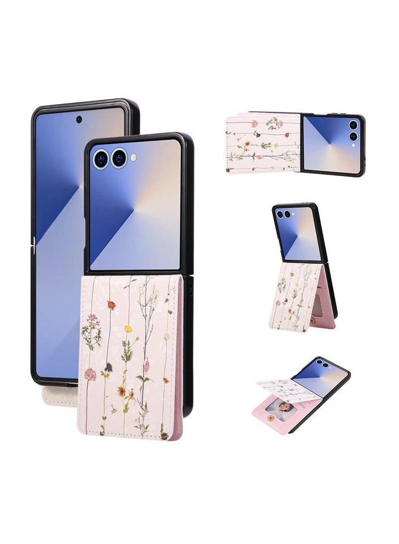 عام Compatible with Samsung Z Flip7 Phone Case Embossed Floral Pattern Back Cover Card Holder Functionality with Foldable Stand Full-Edge Drop Protection Case