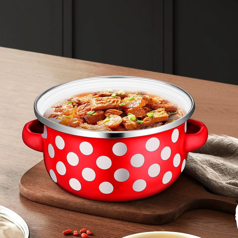 VICASKY Mini Enamel Soup Pot Set 3pcs with Lid, Red Speckled Small Stockpot Trio (12cm, 14cm, 16cm), Vintage Kitchen Cookware for Stovetop Cooking and Serving - Image 5