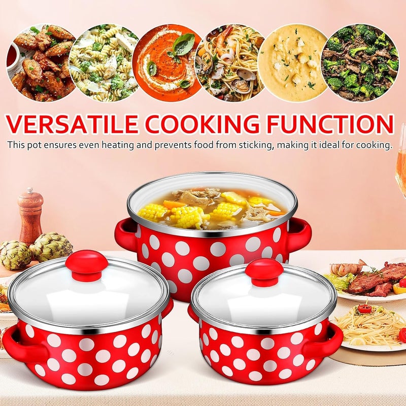 VICASKY Mini Enamel Soup Pot Set 3pcs with Lid, Red Speckled Small Stockpot Trio (12cm, 14cm, 16cm), Vintage Kitchen Cookware for Stovetop Cooking and Serving - Image 3