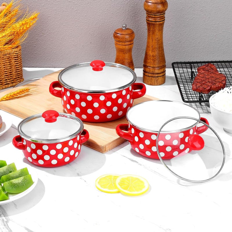 VICASKY Mini Enamel Soup Pot Set 3pcs with Lid, Red Speckled Small Stockpot Trio (12cm, 14cm, 16cm), Vintage Kitchen Cookware for Stovetop Cooking and Serving - Image 4