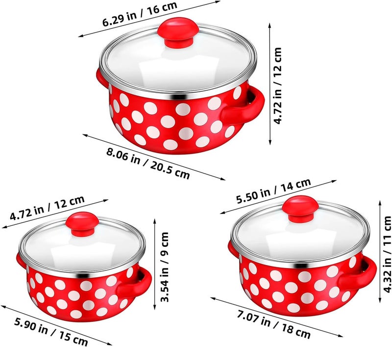 VICASKY Mini Enamel Soup Pot Set 3pcs with Lid, Red Speckled Small Stockpot Trio (12cm, 14cm, 16cm), Vintage Kitchen Cookware for Stovetop Cooking and Serving - Image 2