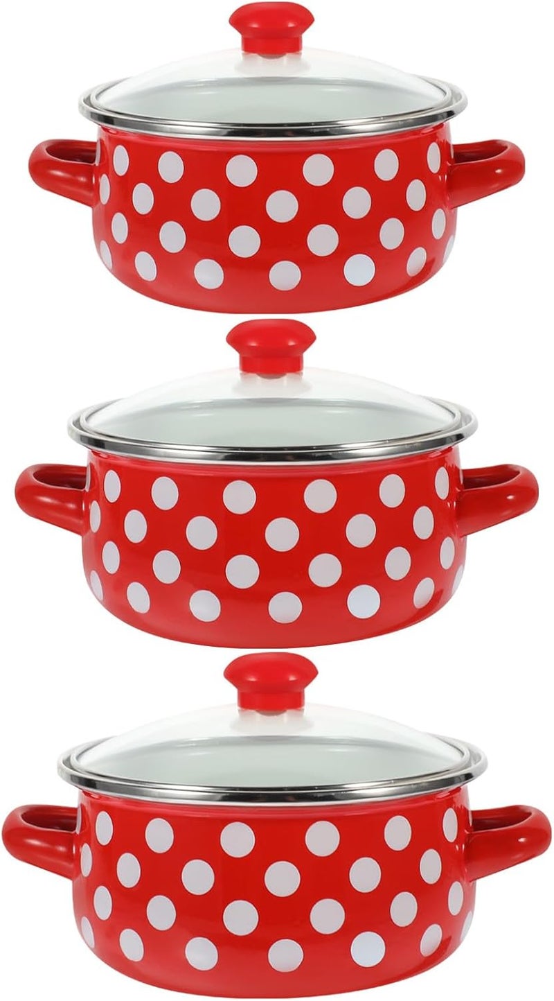 VICASKY Mini Enamel Soup Pot Set 3pcs with Lid, Red Speckled Small Stockpot Trio (12cm, 14cm, 16cm), Vintage Kitchen Cookware for Stovetop Cooking and Serving - Image 1