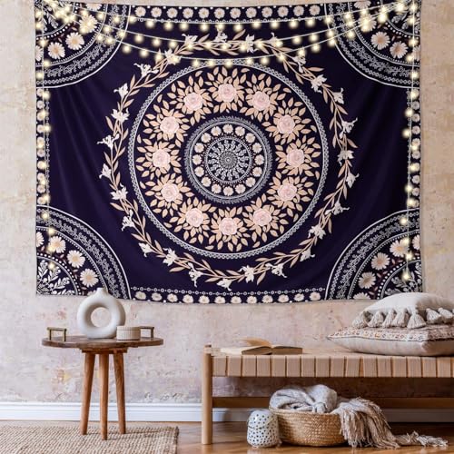 FLY SPRAY Mandala Tapestry Aesthetic,Boho Tapestries Wall Hanging,Dark Rose Floral Medallion Tapestrys,Bohemian Wall Art Hippie Decor for Bedroom Living Room Ceiling - Image 1