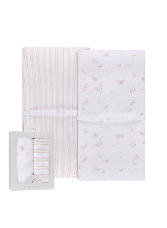 Ely's & Co. Ely’s & Co. Changing Pad Cover, Diaper Changing Table Sheets, 2 Pack, Cradle Sheet Set for Baby Girls, 100% Jersey Knit Cotton, Pink Butterfly + Stripe Collection, 32”x16”x5” - Image 1