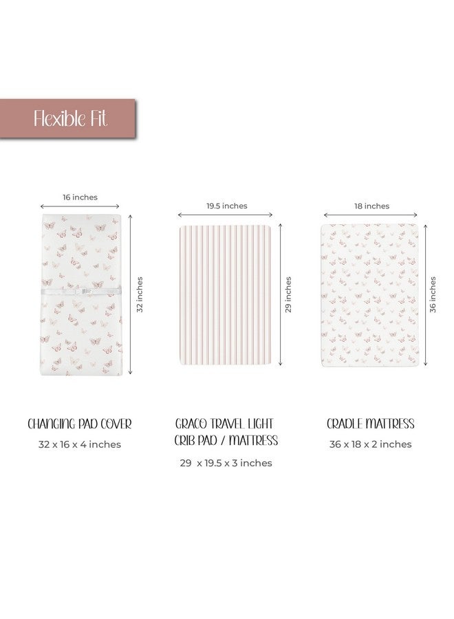 Ely's & Co. Ely’s & Co. Changing Pad Cover, Diaper Changing Table Sheets, 2 Pack, Cradle Sheet Set for Baby Girls, 100% Jersey Knit Cotton, Pink Butterfly + Stripe Collection, 32”x16”x5” - Image 2
