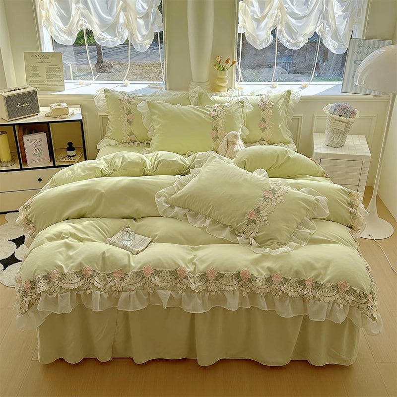 MOOWOO Chic Flowers Lace Bedding Set,3 Piece French Princess Style Comforter Duvet Cover Set(1 Queen Duvet Cover 90x90 Inch, 2 Pillowcases) Aesthetic Bedding for Romantic French Wedding - Image 5