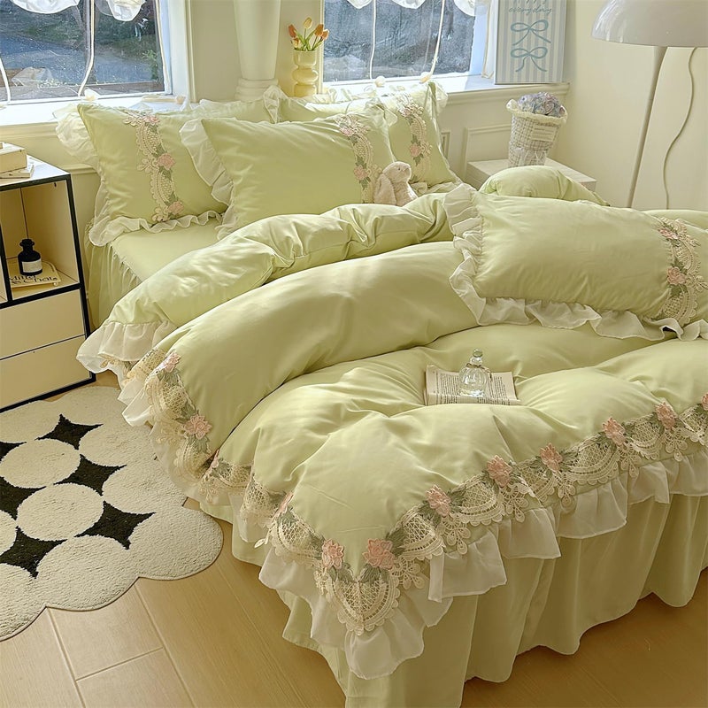 MOOWOO Chic Flowers Lace Bedding Set,3 Piece French Princess Style Comforter Duvet Cover Set(1 Queen Duvet Cover 90x90 Inch, 2 Pillowcases) Aesthetic Bedding for Romantic French Wedding - Image 3