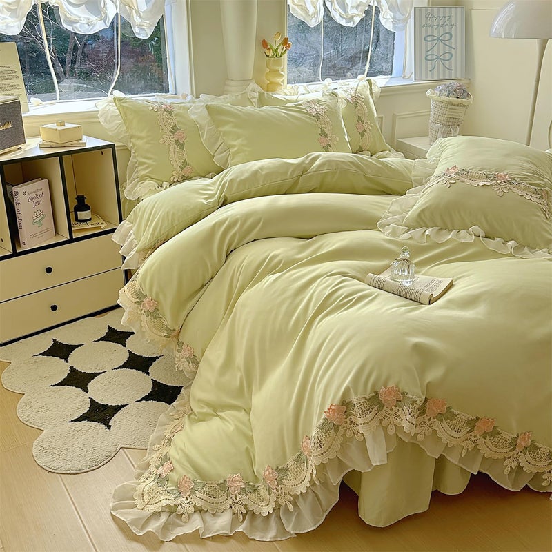 MOOWOO Chic Flowers Lace Bedding Set,3 Piece French Princess Style Comforter Duvet Cover Set(1 Queen Duvet Cover 90x90 Inch, 2 Pillowcases) Aesthetic Bedding for Romantic French Wedding - Image 2