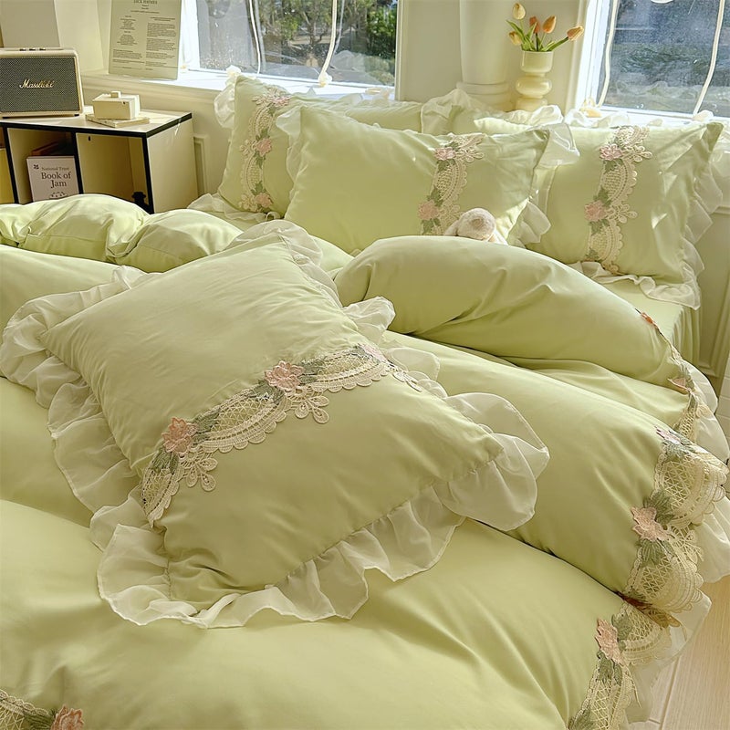 MOOWOO Chic Flowers Lace Bedding Set,3 Piece French Princess Style Comforter Duvet Cover Set(1 Queen Duvet Cover 90x90 Inch, 2 Pillowcases) Aesthetic Bedding for Romantic French Wedding - Image 4