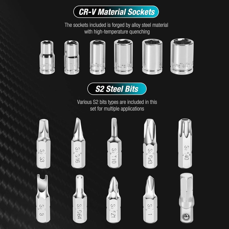 DURATECH 56-Piece 1/4" Mini Ratchet Wrench and Screwdriver Bit Set, 2-in-1, 72-Tooth and 60-Tooth with Bit Socket Set, Storage Cases Included - Image 3
