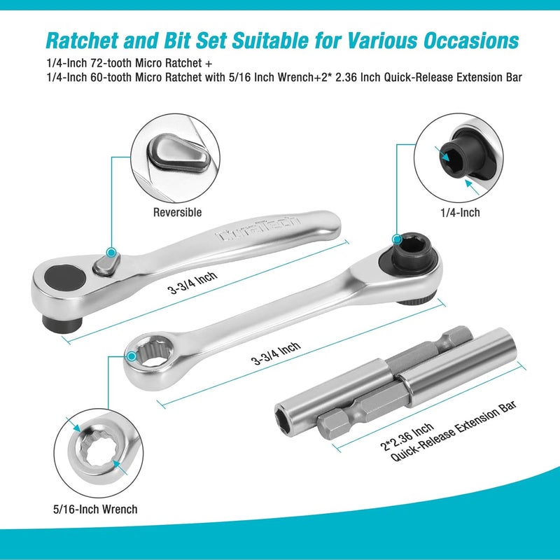 DURATECH 56-Piece 1/4" Mini Ratchet Wrench and Screwdriver Bit Set, 2-in-1, 72-Tooth and 60-Tooth with Bit Socket Set, Storage Cases Included - Image 4