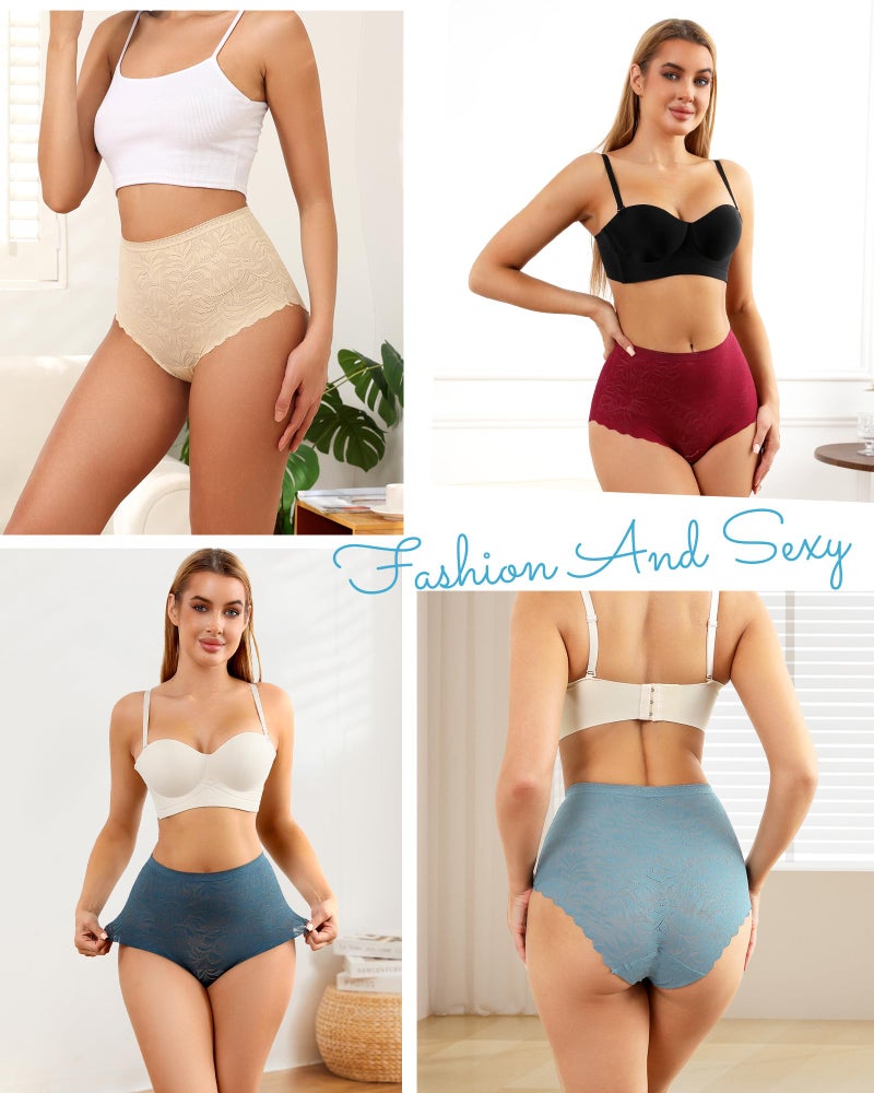 LEVAO Women's High Waist Lace Underwear, Soft Floral Lace Briefs with Mid-Coverage Panties for Women 4-Pack - Image 2