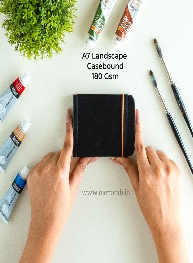 MENORAH ورق مينورا - دفتر رسم فني - A7 - 180 غ/م² - دفتر رسم، ألوان مائية، دفتر يدوي الصنع بغلاف مقوى - 100 صفحة / 50 ورقة - عبوة من 2 (أفقي وعمودي) - أسود - Image 2