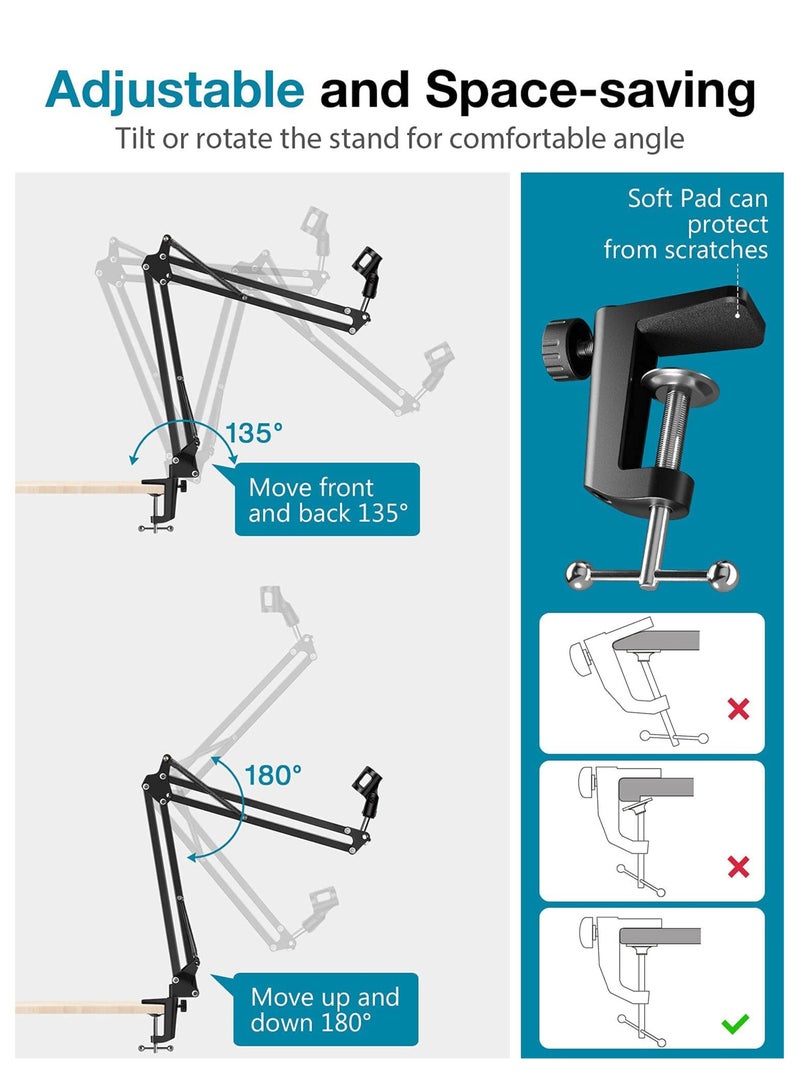 ZERIFAM Boom Arm Mic Stand, Adjustable Suspension Boom Scissor Arm Stand, with Shock Mount, Windscreen Pop Filter, Mic Clip Holder, Cable Ties,  Microphone Stand for Broadcasting Recording and Game  - Image 2