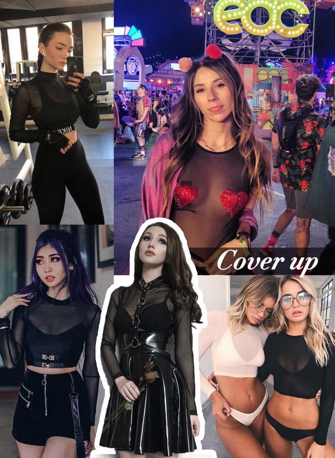 Avidlove بلوزة نسائية قصيرة الأكمام من الشبك بأكمام طويلة شفافة بلوزة شفافة بتصميم دائري للنوادي S-4XL، أكمام طويلة-أسود، XL - Image 2